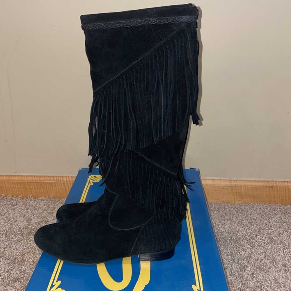 Sbicca Black Suede Fringe Tall Heeled Boots
